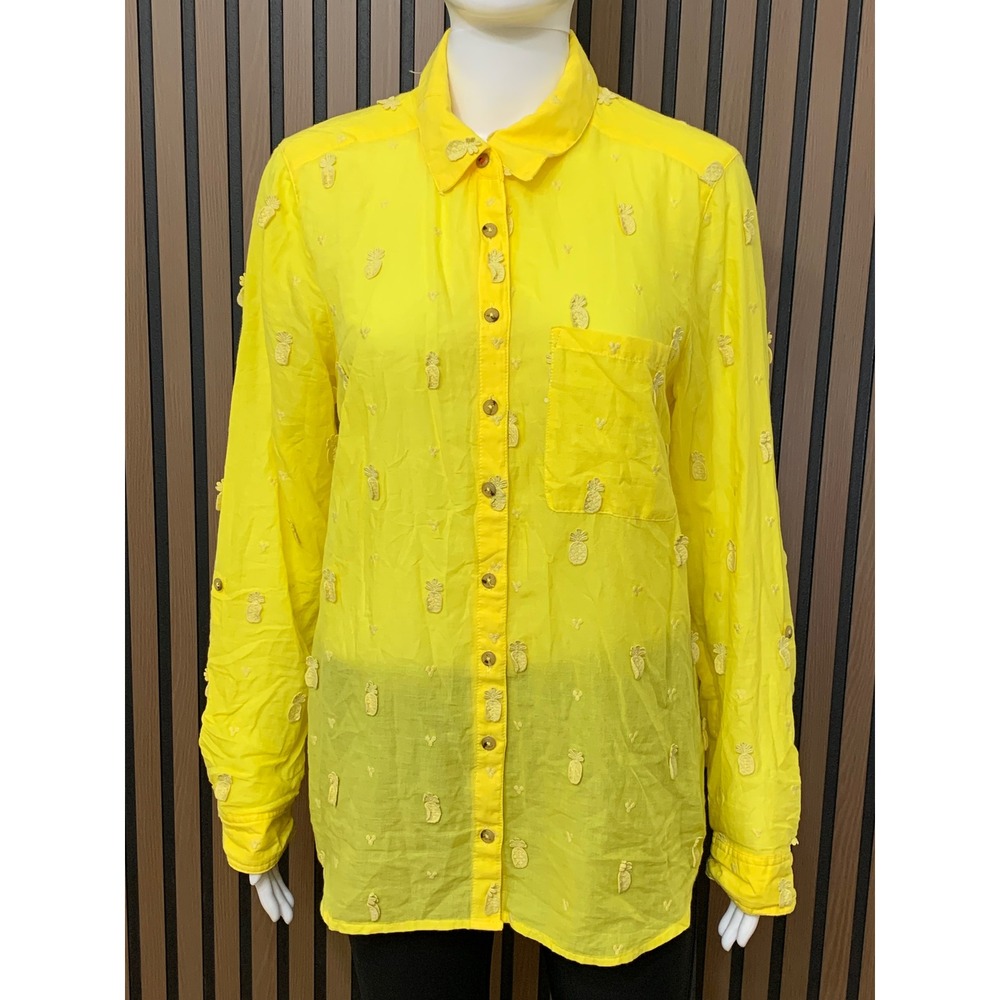 Maeve by Anthropologie Yellow Pineapple Embroidered Cotton Button Down Shirt 12